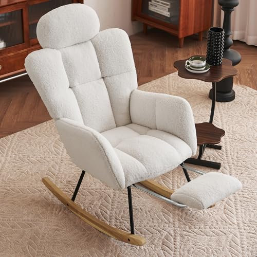 DEKKETO Teddy Schaukelstuhl mit Hocker und Kopfstütze, Stillsessel mit Fußstütze, Großer Sessel zum Stillen, Bequem Lesesessel Holz für Wohnzimmer Schlafzimmer, Weiß