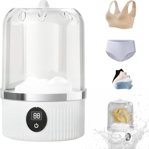 QJLDMaingo Portable Washing Machine, Mini Underwear Washer, Cordless USB Rechargeable, Powerful Cleaning for Bra, Socks, Baby Clothes, Travel, Camping, Dorm, 2-Hour Timer, 1L Capacity (Ivory White)