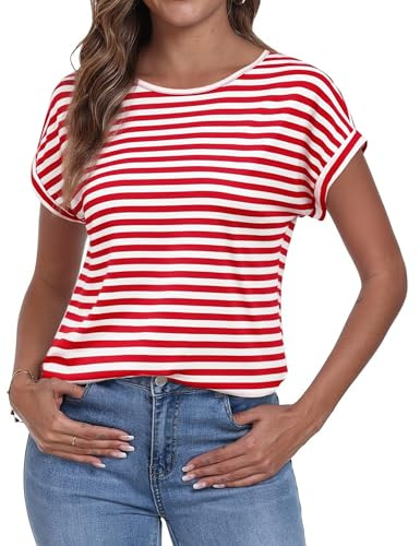 Terecey Camiseta Mujer Rayas Manga Corta Cuello Redondo Holgada | Tejido Ligero y Transpirable, Caída Cómoda, Libertad de Movimiento, Uso Diario, Viajes, Paseos y Vacaciones de Verano