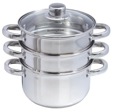Buckingham 3 Tier Premier Steamer Set with Glass Lid Polished Mirror Finish Stainless Steel Ideal for Steamer Cooking Induction Compatible