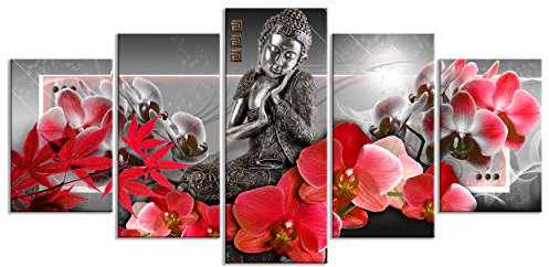 decomonkey - Impression sur Toile Bouddha 100x50 5 Pièces - Tableau Décoration Appartement Cadre en Bois Déco Salon Peinture sur Toile Maison Abstraction bouddha bouddhisme fleurs orienter zen