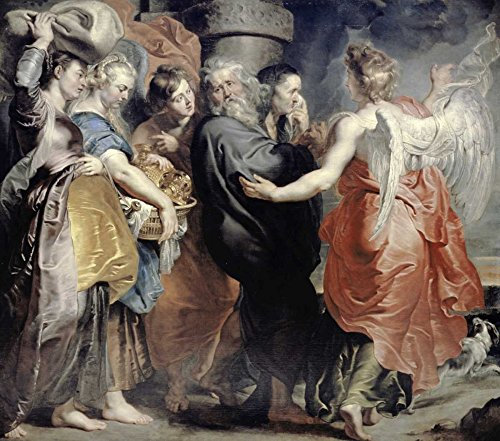 Kunst-Leinwand, auf Holz gespannt, Bars Lots Flight From Sodom Rubens Peter Paul – Fantasie horizontale Bild Engel Fantasy Figuren Religion und Spiritualität M Fine 31_X_35_in