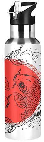 Vnurnrn Poisson Chanceux Carpe Soleil Drapeau Japonais Bouteille d'eau Isotherme avec Paille en Acier Inoxydable Gourde 600ML, Sans Bpa Gourdes Eau pour Enfant Sport Randonnée École Bureau