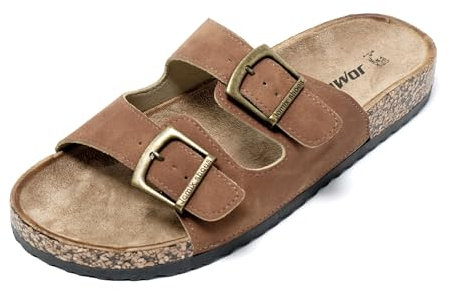 JOMIX Chanclas Hombre Verano de Piel, Sandalias de Cuero Anatómicas Con Hebilla Para Playa, Piscina y Mar, Marrón, 42 EU