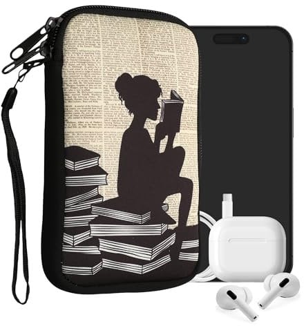 kwmobile Handytasche für Smartphones L - 6,5 - Neopren Handy Tasche Hülle Cover Case Schutzhülle - Lesende Frau Schwarz Beige - 16,5 x 8,9 cm Innenmaße