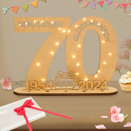 Seutgjie 2024 Geldgeschenke Geburtstag 70 Geburtstagszahlen Holz Schild Gästebuch mit LED Lichterkette Ständer und Kerzenhalter für 70 Jahre Mann Frau für Hochzeit Jubiläum Tischdeko 1954-2024