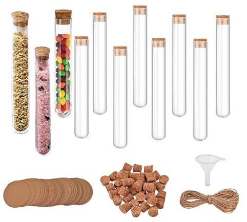 Reagenzgläser mit Korken, 15x100mm(13ml), Reagenzglas Kunststoff mit Kraftpapieranhänger, Hanfseil, Trichter, Reagenzglasgefäße für DIY Craft Candy Liquids Spices Blumen (60 Stück(Kunststoff))