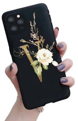 HANASE Soild Black Flower Initial Letter Case für iPhone 11 12 Mini Pro Max 7 8 Plus SE 2020 X XR XS Max Softcover Paare Handyhüllen, v, für iPhone X oder XS
