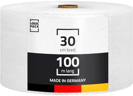LOGIC PACK Luftpolsterfolie Rolle 100m x 30cm, 50my 2-lagig - Bubble Wrap Verpackungsmaterial für Umzug, Versand, Verpackung, Premium Starke Noppenfolie Polstermaterial 100% recycelbar LPF Rolle