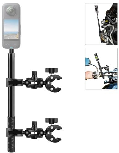 PULUZ Motorcycle Bike Handlebar Dual-heads Crabs Clamp Fixed Mount for Insta360 X4 X3 X2 X ONE RS, Action Camera 4.9ft/150cm Selfie Stick & Bar Fixed Clamp Bracket Set for Gopro and more