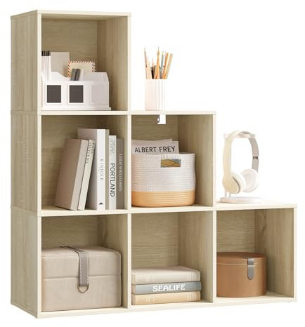 WOLTU Bücherregal mit 6 Fächern, Würfelregal Treppenregal Stufenregal Standregal, für Wohnzimmer Schlafzimmer Kinderzimmer Büro, helle Eiche, 90,5x90,5x30 cm, SK061hei