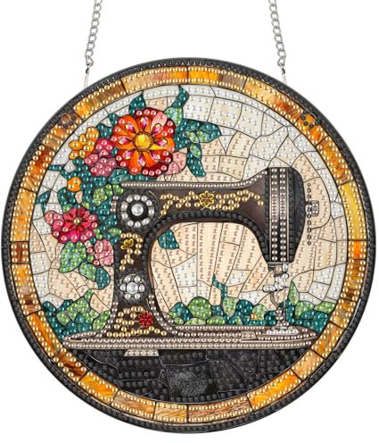 Reofrey Diamond Painting Doppelseitig Anhänger Acrylbrett mit Kette - 20x20cm Nähmaschine Diamant Painting Fensterbilder Deko Set DIY Kristall Malerei Anhänger für Wand Fenster & Garten Schmücken