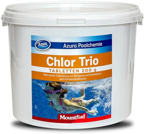 Azuro Chlor Trio 200g Langsamlösliche Chlortabletten für Pool & Whirlpool Langzeit Chlorpflege für klares Wasser Tabs 200g Made in Europe (5 KG)