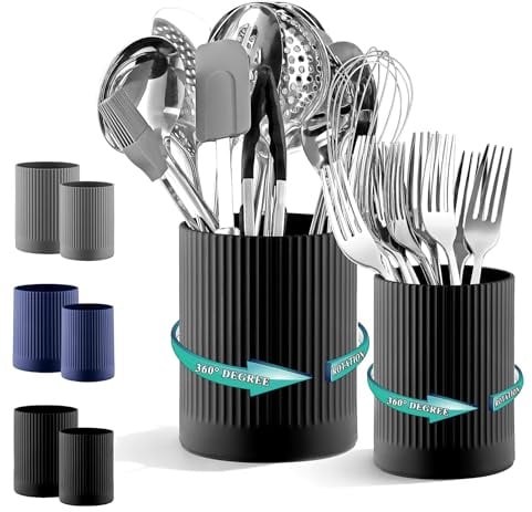 Kyraton Cooking Utensils Holder 2pcs, 360° Rotating Heavy Duty Plastic Kitchen Utensil Holder for Countertop, The Small Utensil Crock for Cutlery Silverware, Tooth Brush, Desk Pencil Pen