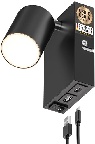 ledscom.de Vägglampa WAIKA med USB-C & USB-A, sänglampa för väggmontage med strömbrytare, svart, GU10 max. 15W
