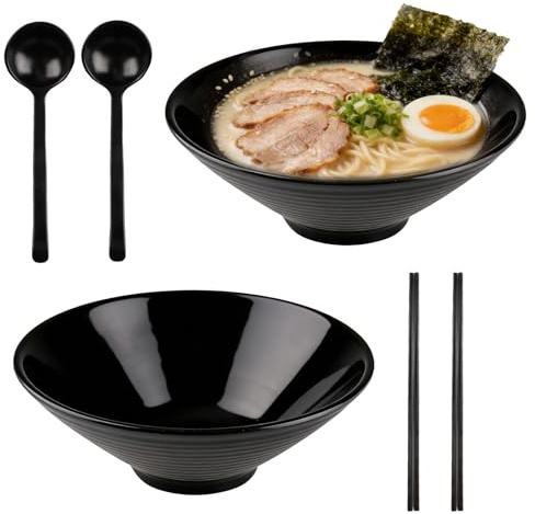 suaywo Lot de 2 Bol Ramen Japonais 1000 ml Bol à Ramen avec Cuillère et Baguettes Réutilisable pour Servir Soupes, Salades, Pâtes, Nouilles - Noir