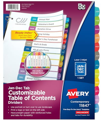 Avery Table of Contents Dividers, Jan-Dec Tab, Multicolor, 1 Set