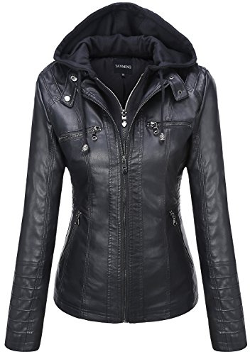 Tanming Womens Faux Leather Jacket Hooded Moto Biker Coat Outerwear Fall Fashion Outfits Winter Clothes