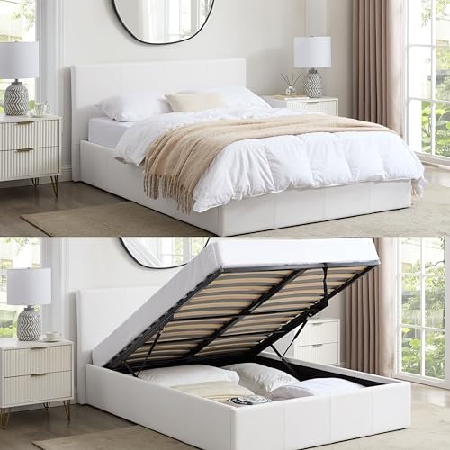 Direct Furniture Suppliers Single White Ottoman Storage Bed Gas Lift Up (3ft) | (L)203cm x (W)108cm x (H)88.5cm with 20cm Memory Foam & Spring Mattress (90cm x 190cm) - Faux Leather|Sprung Slats Base