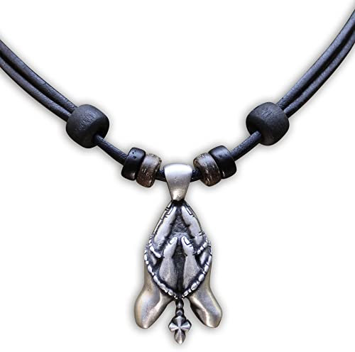 HANA LIMA Lederkette Betende Hände Rosenkranz Halskette Herren Damen Metallanhänger