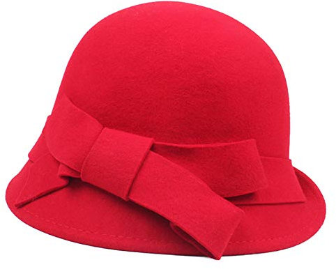BAIMORE 100 % Wolle Vintage Filz Glocke Eimer Bowler Hut Winter Frauen Kirche Hüte, Big Bow Red1, Einheitsgröße
