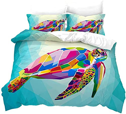 Loussiesd Schildkröten-Bettwäsche-Set für Einzelbett für Kinder, Aquarell-Schildkröten-Bettwäsche-Set, marineblau, Bettbezug mit 1 Kissenbezug, Reißverschluss, weiche, bunte Mikrofaser,