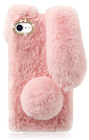 Mikikit Pink Bunny Fluffy Phone Case for 7/8, SE 2020 Cute Plush Stuffed 3d Animal Cartoon Furry Case for girl, Soft fuzzy faux protective Cover for 7/8/SE 2 New