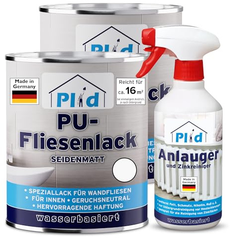 Plid Fliesenfarbe Weiß Glänzend 1,5 l – mit Anlauger | Fliesenlack Bad & Küche | Feuchtigkeitsbeständig | Hochdeckend | Wandfliesen Innen | ca. 16 m² | Made in Germany