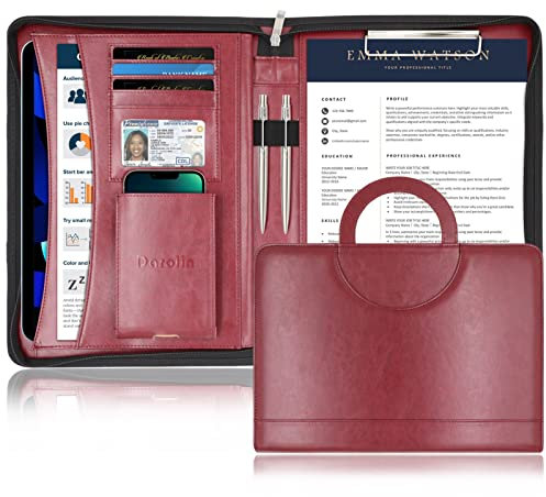 Darolin Leder-Padfolio-Mappe mit Reißverschluss und verstecktem Griff und Klemmbrett, Business-Konferenz-Portfolio-Organizer, Portfolio-Tasche, Portfolio-Padfolio für Damen/Herren (Rotwein)