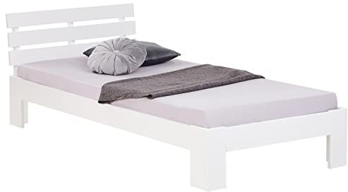 Homestyle4u 2190, Einzelbett Holzbett 90x200 mit Lattenrost Weiß Kiefer Jugendbett Bett Bettgestell Massivholz