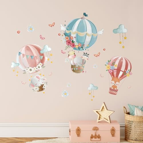 Tanlaby Heißluftballon Wandtattoo Karikatur Tiere Wandsticker Fuchs Elefant Schmetterling Wandaufkleber für Kinder Babyzimmer Wohnzimmer Schlafzimmer Kinderzimmer Hause Wanddekoration