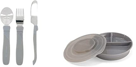Twistshake Juego de Cubiertos de Aprendizaje para Beb a Partir de 12 Meses, Gris Pastel & Twistshake Plato Dividido con tapa PP y fondo de silicona, Alimentación para Beb, Gris Pastel