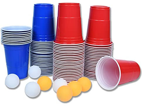 Froadp 480ml Beer Pong Becher Set 16 OZ Wiederverwendbare PP Partybecher inkl. 100 Rot + 100 Blau Plastikbecher & 10 Gelb + 10 Weiß Bälle Trinkbecher Set für Trinkspiele Partyspiele & -aktivitäten