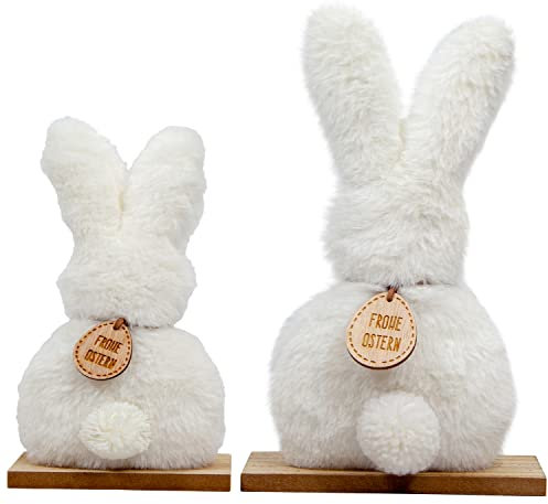 MACOSA CO8033 Deko-Hasen 2er Set Weiß Holz Osterhase flauschig Osterdeko Aufsteller Holzhase Oster-Dekoration Tischdeko Hasenpaar Deko-Figur Ostern
