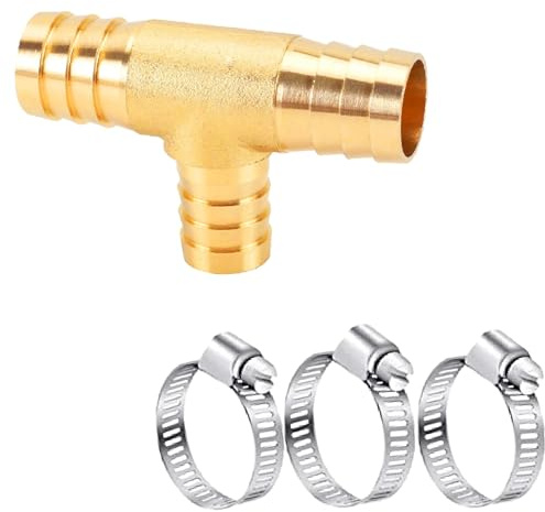 AOPANDA 1 Brass Barb Tee Fittings T-Shaped 3 Ways Union 1 ID Hose Pipe Fitting for Water/Fuel/Air (Pack of 1) with 3pcs Stainless Steel Pipe Clamp.
