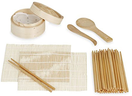 Relaxdays Set Kit Sushi, Bambú, 2 Esterillas, Vaporera, 20 Pares de Palillos, Cuchara Arrocera, Espátula de Arroz, Natural, 23 x 23 cm