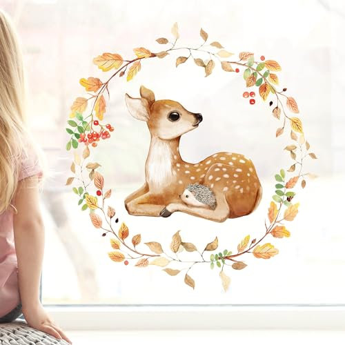 Wandtattoo Loft Fensterbild Herbst mit Rehkitz und Igel im Blätterkranz Motiv, A3 Bogen, Herbstdeko Fenster Kinderzimmer, Herbstbilder Fenster, Fensterbild Herbst Kinder, Herbstblätter Fenster