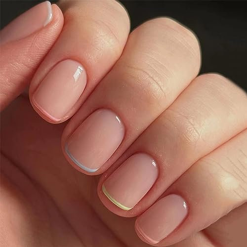 24pcs French Tip False Nails Short Stick on Nails Nude Pink Press on Nails Removable Glue-on Nails Fake Nails Acrylic Full Cover Nails Women Girls Nail Art Accessories