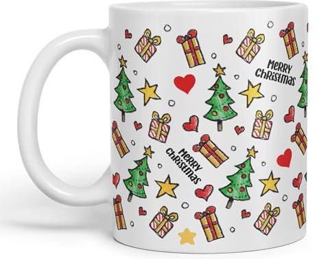 Vixar Taza de cerámica de colores con diseño de árbol de Navidad, 330 ml, para trabajo, oficina, té, café (blanco)