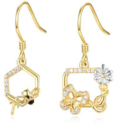 KINGWHYTE Bienen-Ohrringe 925 Sterling Silber Gold Wabe Ohrringe Gänseblümchen Schmetterling Asymmetrische Biene Schmuck Geschenke Für Frauen Mädchen