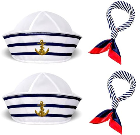 VOSSOT Kapitänsmütze Streifen Matrosenmütze & Schal-Set, Matrosen Kostüm für Damen Herren, Kapitän Herren Matrosin Damen, Blau-Weiß Gestreift & Roter Rand, Einheitsgröße, 2 Sätze