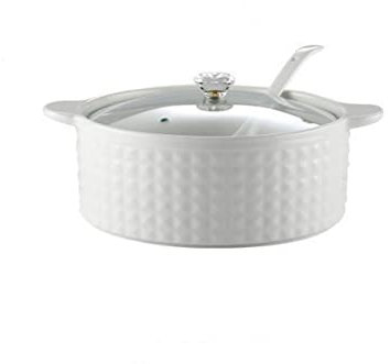 Soupière à soupe en céramique avec couvercle, louche, bols de service de 2 L – Porcelaine blanche, passe au micro-ondes et au lave-vaisselle – Double poignées, couvercle en verre – Cuillère à soupe