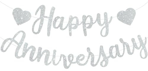 TONIFUL Silber Happy Anniversary Banner, vorgespannt Silber Glitter Happy Anniversary Banner, NO DIY für Silber Glitter Happy Anniversary Girlande, Gold Happy Anniversary Zeichen