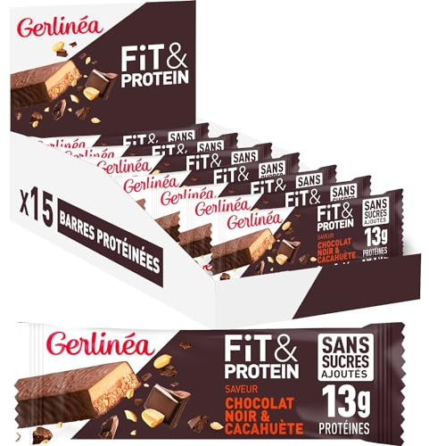 Gerlinéa Fit&Protein - Barres Protéinées saveur Cacahuète Chocolat - Sans Sucres Ajoutés - 13 gr protéines par barre de 45g - Protéines Après le Sport - 15 barres