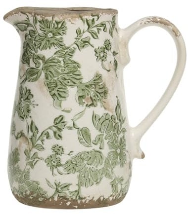 Vintage Style Ceramic Flower Vase Distressed Effect Crackle Glaze Green Botanical Floral Print Ceramic Vase Pitcher Jug Spring Summer Home Gift Decoration (DZ85)