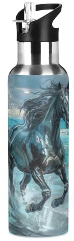 Wzzzsun Animal Cheval d'eau Bleu Isotherme Bouteille d'eau avec Paille, Gourde Sport en Acier Inoxydable 600ML Gourdes sans BPA pour Enfant Garçon Fille École Bureau