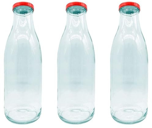 Acan Tradineur Lot de 3 bouteilles en verre avec couvercle rouge en laiton, fermeture à vis, eau, lait, smoothies, jus, smoothies, sauces, réfrigérateur 1 litre