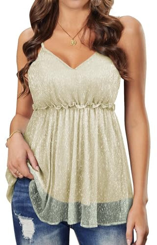 WIEIYM Damen Glitzer Oberteil Sexy V-Ausschnitt Ärmellose Verstellbare Trägertop Tank Tops Rüschen Gestufter Saum Shirt Cocktail Vest Festliche Pailletten Party Rave Outfit Bluse,Champagnerfarbe,M