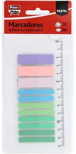 Fixo Notes, 220 Marcadores Adhesivos Colores Pastel con Regla 13cm, PET Tráslucido, 2 Tamaños: 12x45mm y 6x45mm, Puedes Escribir con Lápiz y Boli, Resistentes al Agua, Perfecto Material Escolar