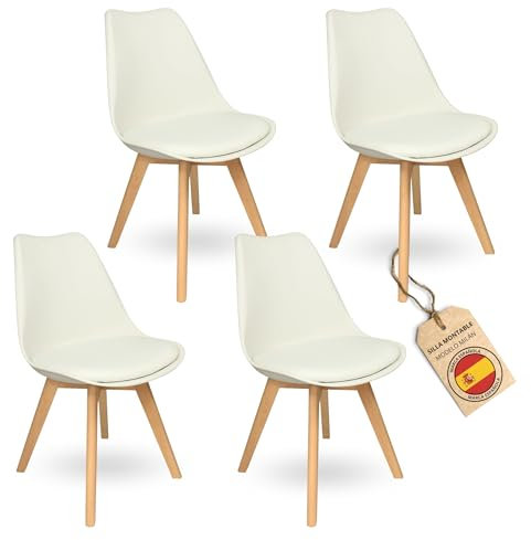 HOME DESIGN & CONFORT ®Sillas de Comedor Nórdicas con Respaldo Ergonómico con Material PU y Patas con 2,8cm de Anchura | Sillas de Cocina con Madera de Haya Maciza (4 Sillas Blancas)